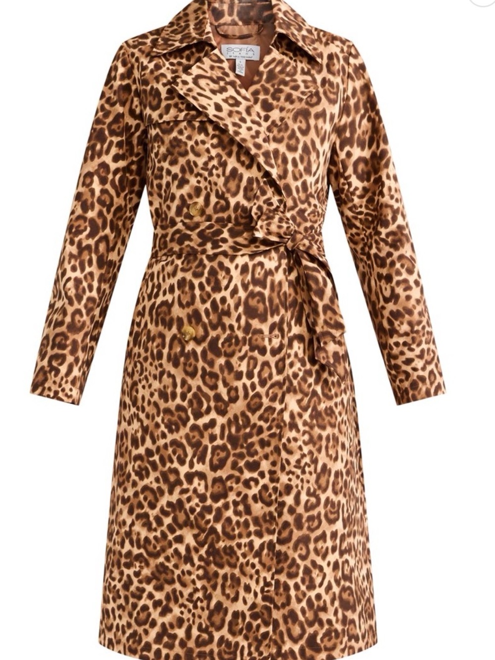Sofia Cashmere Leopard-Print Satin Trench Coat in Brown & Tan